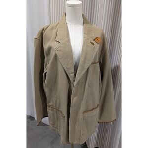 Sierra Trading Post Mens Khaki Canvas‎ Utility Jacket Brown Leather Trim Size M